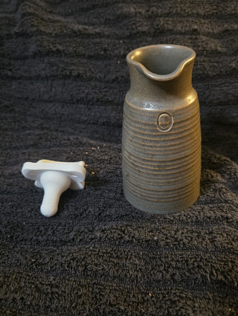 Vintage Denby Langley Sherwood Olive Green Ribbed Stoneware Oil / Vinegar Bottle
